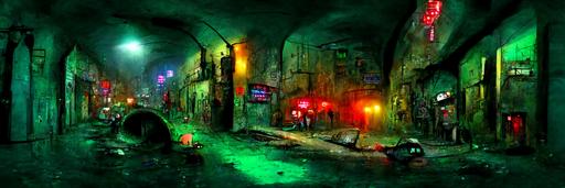 Down inside Sewer underworld redlight district sci-fi cyberpunk fantasy seedy street scene bad neighborhood urban crime sleazy animation cartoon background art —w 9000 —h 3000