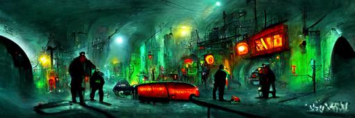 Sewer underworld redlight district sci-fi fantasy cyberpunk seedy street scene bad neighborhood urban crime sleazy animation cartoon background art —w 9000 —h 3000