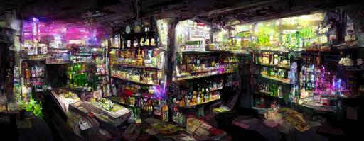 inside liquor store Bodega interior ailes register countertops camera seedy sci-fi background anime animation style --w 666