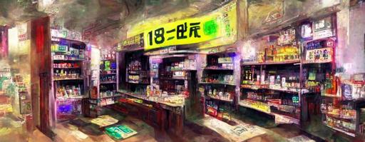 inside liquor cigarettes store Bodega interior ailes register counter seedy sci-fi background anime animation style --w 666