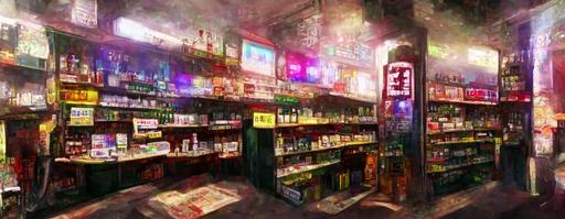 inside liquor cigarettes store Bodega interior ailes register counter seedy sci-fi background anime animation style --w 666