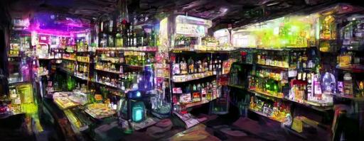 inside liquor store Bodega interior ailes register countertops camera seedy sci-fi background anime animation style --w 666