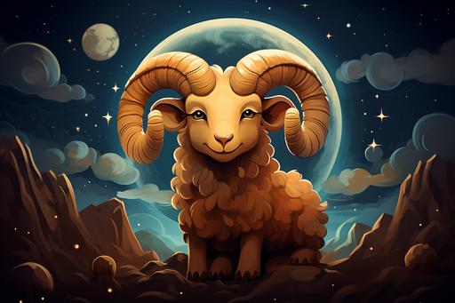 tegrate elements of the Aries Zodiac sign by placing a cute cartoon ram or a stylized ram's head in a playful and dynamic pose next to the Moon --ar 3:2