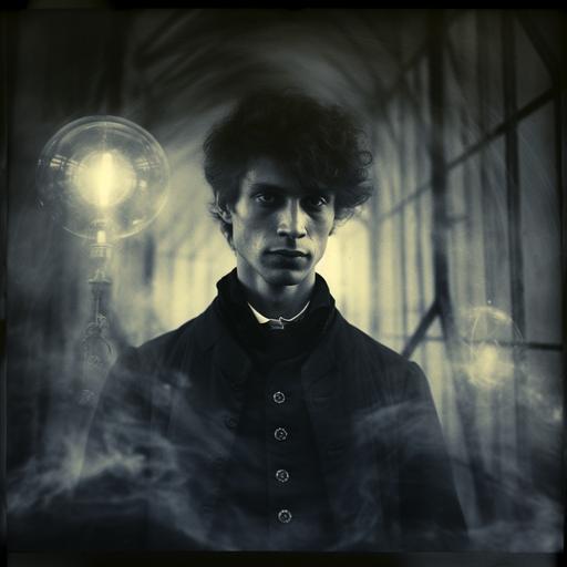 telekinesis:: voluminous calotype of Victorian man with glowing eyes and light coming from inside his mouth:: Fox Talbot experimenting with a camera obscura in an nineteenth century laboratory England sunlight falling through a window in the background dramatic lighting a beautiful elegant young woman with jewles on the left side of the picture:: old photograph and light reflections in a photographic developing tray in old photographic darkroom red light:: a transparent hologram of a modern john:: ferrotype::2