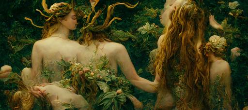 temptation of eve, aphrodite at the waterhole, venus, psyche, daphne, Saoirse Ronan, ceremony, intimacy, chinoiserie, freckles, ginger hair, albino, botticelli, durer, esoteric, initiation, sacred grove, oracular, pythia, blossom, flora and fauna, triffid, thistle, dragon, snake, worm, vines, medusa, tentacles, roots, tongues, hyunji shin, dryads, orchid, fronds, foliage, flowers, herbs, weed, pine cone, funghi, fruit, ivy, centipede, caterpillar, butterfly, insect, crustacean, opalescent, golden bough, apuleius, white godess, nymph, dance, ritual, masquerade, metempsychosis, fairy, petals, berries, jewels, petrus christus, caravaggio, bernini, rubens, vermeer, ingres, odilon redon, hockney, alchemy, cy twombly, gerhard richter, circe, demeter, erato, pandora, jardin, chrysanthemum, hyperborea, figure entwined, secret garden, sacrifice, babylon, pregnant, maieutic, baptism, gnosis, apocalypse, eurydice, black madonna --ar 21:9