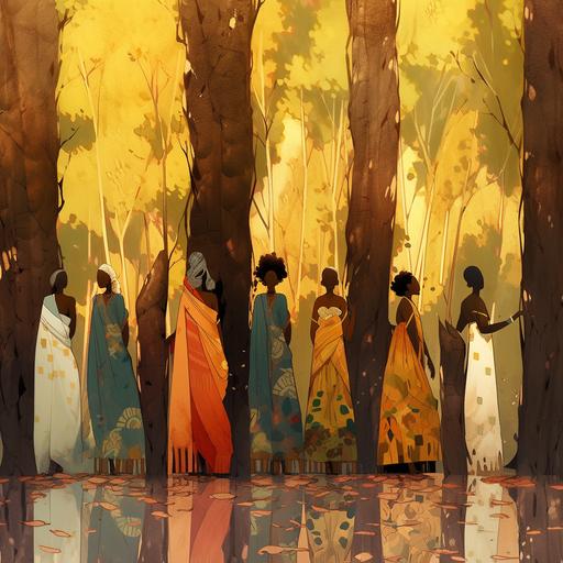 ten tall tree trunks with leaves handing, 6 slim black women with wraps walking facing the right yellow and organ sun on top of trees, yellow, gold, red, green color scheme --s 50 --niji 5