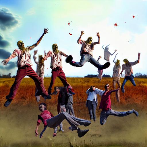 ten, ten zombie lords a-leaping, ten, fallow field, extreme long shot, torn and frayed clothes, no shoes, fire red eyes, photograph, photo-realistic, ultra-fine lines, ultra-detailed, extreme happiness --v 4 --upbeta