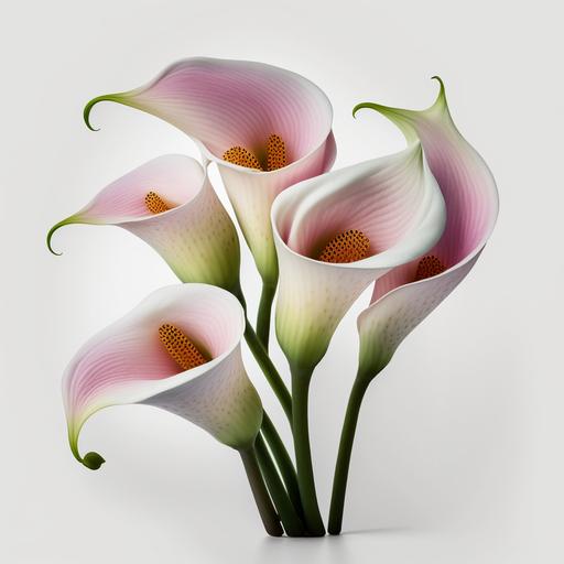 tender bouquet of pink calla lilies on white background