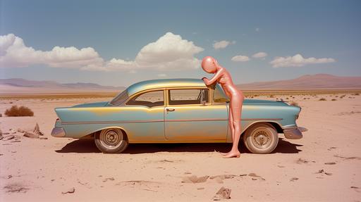 in style of Tim Walker vintage 1960's era side view photo of a sad alien creature with shiny pink body, sitting with her head bowed on the hood of a blue vintage Chevrolet car against the backdrop of the American desert, partly cloudy sky, with 1960's era car, with rich warm colors of orange, yellow, gold, red, brown, black. Image Style: 35 mm camera with grain --ar 16:9 --v 6.0