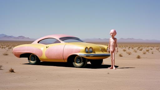 in style of Tim Walker vintage 1960's era side view photo of a sad alien creature with shiny pink body, sitting with her head bowed on the hood of a blue vintage Chevrolet car against the backdrop of the American desert, partly cloudy sky, with 1960's era car, with rich warm colors of orange, yellow, gold, red, brown, black. Image Style: 35 mm camera with grain --ar 16:9 --v 5.1