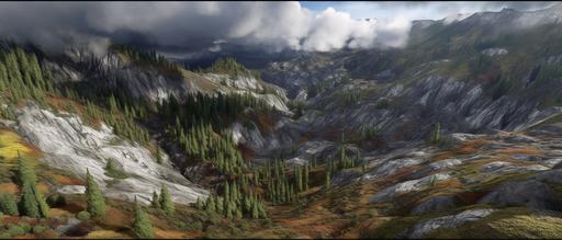 terragen A confir forest covered Rocky moutain range, Top-Down POV, Rocky Mountain landscape, green, brown, grey, blue, silver, white, yellow, purple, Rock outcrops, fog, Crystal Clearity, Ultrarealistic, High detail, Dynamic lighting, epic scene --ar 21:9 --q 5 --uplight --v 5