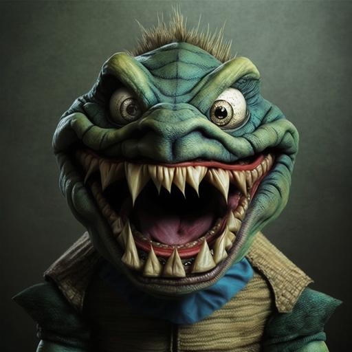 terrifying deranged teenage mutant ninja turtle puppet, 80s horror, big teeth, menacing grin, wide smile, wide eyes, mascot horror