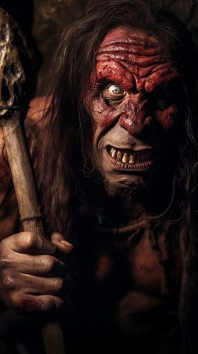 terrifying evil Neanderthal with wide crazy cross-eyes and stretched grimace, holding a wooden club, very scary, red paint dripping from mouth, scary close-up face shot, ominous cave setting, dark mood lighting, ultra realistic --ar 9:16