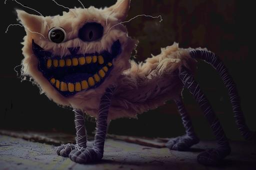 terryfing cat, big smile, creepy cat, cartoon horror, horror, peluche chat, abimé, catnap style poppy playtime, destroy body, big body like human body but a mix between human and cat, cartoon style --ar 3:2 --v 6.0