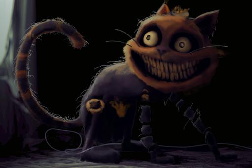 terryfing cat, big smile, creepy cat, cartoon horror, horror, peluche chat, abimé, catnap style poppy playtime, destroy body, big body like human body but a mix between human and cat, cartoon style --ar 3:2 --v 6.0