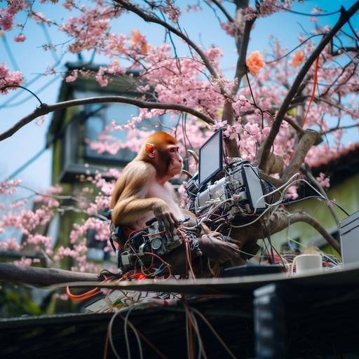 in tokyo, japan. using a computer in a cherry blossom tree. Lots of wires attached to the computer. Crazy tech gadgets. Bird nest