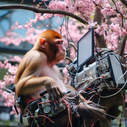 in tokyo, japan. using a computer in a cherry blossom tree. Lots of wires attached to the computer. Crazy tech gadgets. Bird nest