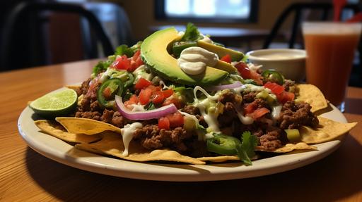 tex-mex nachos with all the bells and whistles. chips. carne picada, queso, lettuce onions tomatoes, guacamole --ar 16:9 --stylize 250 --chaos 15