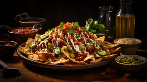 tex-mex nachos with all the bells and whistles. nacho chips. carne picada, queso, lettuce onions tomatoes, guacamole, crema, sliced jalapenos, salsa roja, cilantro, a michelada to drink, a mexican shrimp coctail on the side --ar 16:9 --stylize 250 --chaos 15
