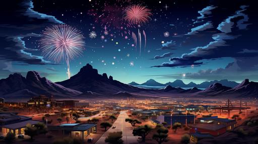texas desert valley at night, town with a single firework stand, fourth of july, night sky is covered in fireworks, multiplane, cartoon style --ar 16:9