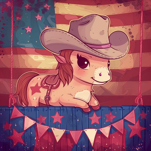 texas rodeo with texas elements kawaii style image with pink n red and blue elements and the state texas flag hanging subtly in the background somwhere