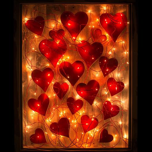 text (( Let me count the ways I LOVE YOU )) silhouetted many varied sized red hearts, fairy lights , incandescent plasma fiery background --v 6.0 --s 250