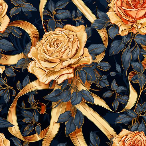 textile pattern with roses and gold ribbons