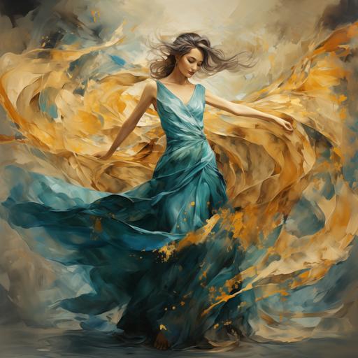 texture watercolour of a girl dancing in a long dress, lots of movement in the material in teal and gold --s 250