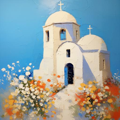 textured painting, minimalist style, a single cream coloured santorini church with a blue dome, summers day, beautiful pink blue white yellow and orange flowers