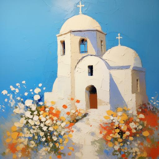 textured painting, minimalist style, a single cream coloured santorini church with a blue dome, summers day, beautiful pink blue white yellow and orange flowers