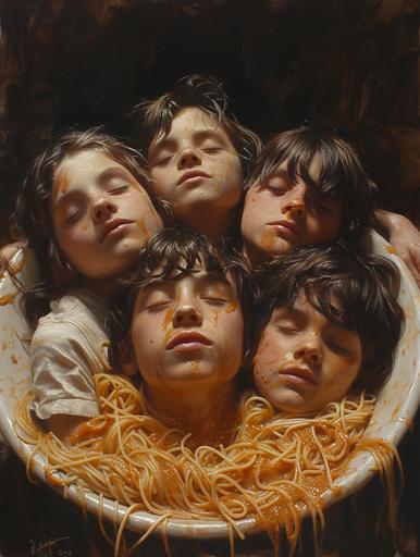 four teenage kids, asleep in a giant spaghetti bowl, sauce flying everywhere, close up, Edward Hopper fresco style, playful, loneliness, enigmatic, eerie, --ar 3:4 --v 6.0 --s 750