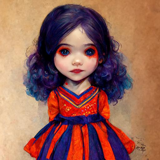 doll, purple eyes, red blue and orange dress