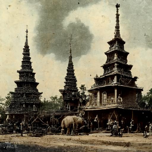 thai temple, pagoda, vernacular houses, ancient war time with war-elephant, war-horse, canon, soldiers