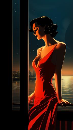 thalassocore, by Patrick nagel, Al hirschfeld and Tex Avery, chiaroscuro tenebrism hdr gloaming red passion dress bokeh --ar 9:16 --style raw