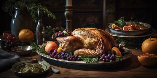thanksgiving turkey rustic plate inside fancy restaurant with bright background, Shot using a Hasselblad camera, ISO 100. Professional color grading. Soft shadows. Clean sharp focus. High - end retouching. Food magazine photography. Award winning photography. Advertising photography. Commercial photography --ar 2:1 --s 250 --q 2 --v 5
