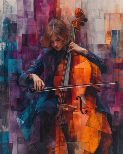 the Cello Player, from symphonic of London, painting by ana sadovnikova, in the style of geodesic multifaceted angles, dark blurple and indigo, figuration libre, synchromism, machine-like precision, analytical art --chaos 9 --ar 4:5 --stylize 500 --v 6.0