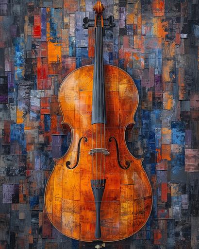 the Cello Player, from symphonic of London, painting by ana sadovnikova, in the style of geodesic multifaceted angles, dark blurple and indigo, figuration libre, synchromism, machine-like precision, analytical art --chaos 9 --ar 4:5 --stylize 500 --v 6.0