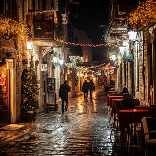 the Christian quarter in the old city of Jerusalem at night, in winter. you can see a greek flag between the Narrow streets and Christmas decoration and beautiful man drinking hot red wine in the middle of the photo --v 5.2