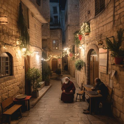 the Christian quarter in the old city of Jerusalem, in winter. you can see a Greek flag between the Norrow streets, and Christmas decorations in the night. there is a beautiful greek man drinking wine --v 5.0