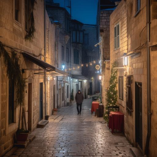 the Christian quarter in the old city of Jerusalem, in winter. you can see a Greek national flag between the Narrow streets, and Christmas decorations in night. there is a beautiful Greek man drinking wine --v 5.0
