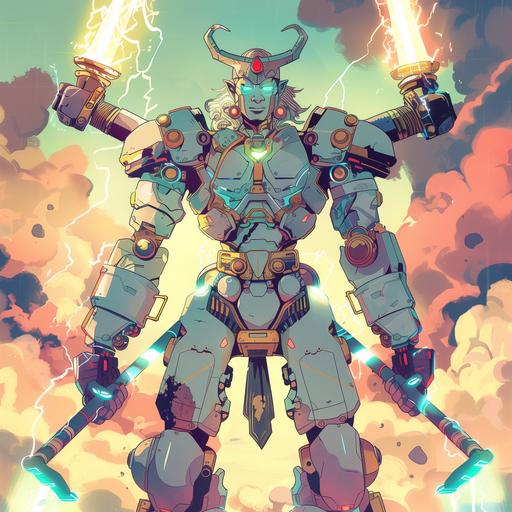the Hindu deity Shiva if he was a four armed robot mech warrior in the style of Voltron Legendary Defender. He should have 4 arms and wield a glowing war-hammer. make sure he has 4 arms. DnD art. retro anime aesthetics. --v 6.0
