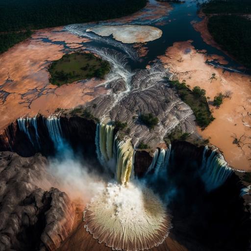 the Iguazú waterfalls dried up with a single last drop falling from la Garganta del diablo, ultra realistic, aerial shot