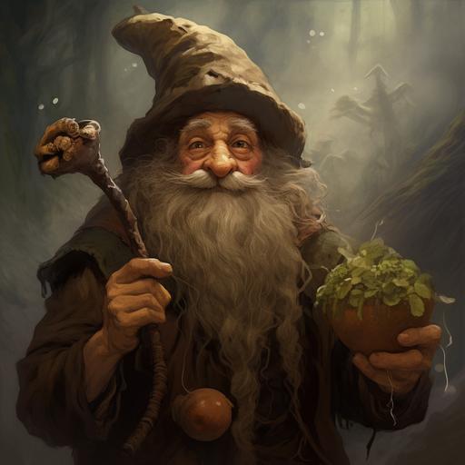 Comely hobbit druid with a glint in his eye with dimples, holding a sack of potatoes. Smoking churwaden pipe, billowing with smoke