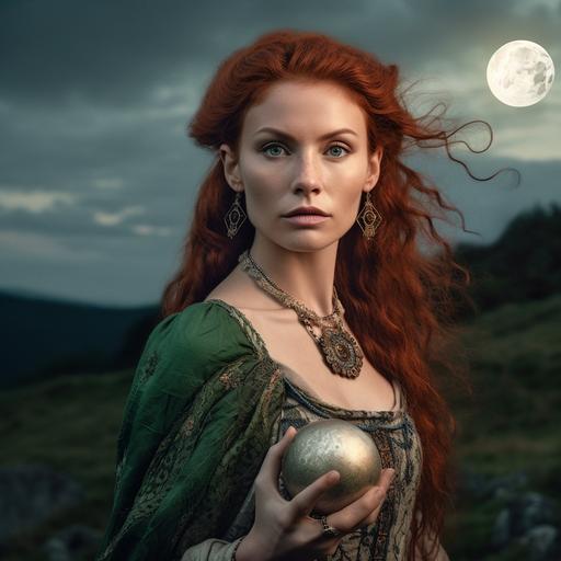 older beautiful celtic woman, white skin, reddish hair, wearing makeup, war paint over eyes, tattoos, forest green dress and cloak, holding bright white orb, extremely detailed, in twilight, on hill, moon in background 4k, v5