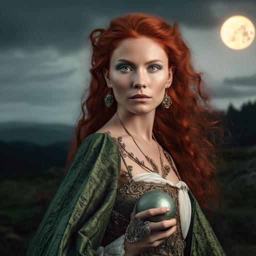 older beautiful celtic woman, white skin, reddish hair, wearing makeup, war paint over eyes, tattoos, forest green dress and cloak, holding bright white orb, extremely detailed, in twilight, on hill, moon in background 4k, v5