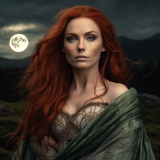 older celtic woman, white skin, reddish hair, beautiful makeup, war paint around eyes, tattoos, forest green dress, cloak, holding silver orb, extremely deetailed, on hill, moon in background 4k, v5