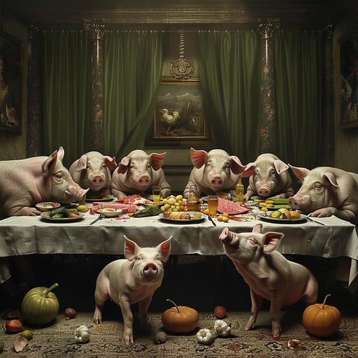 the Last Supper as a hyper realistic photo with AI details but with dirty pigs instead