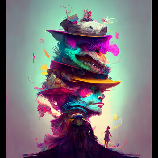 the Mad hatter with a pile of hats stacked one on top of each other ar 16:9 --v 4