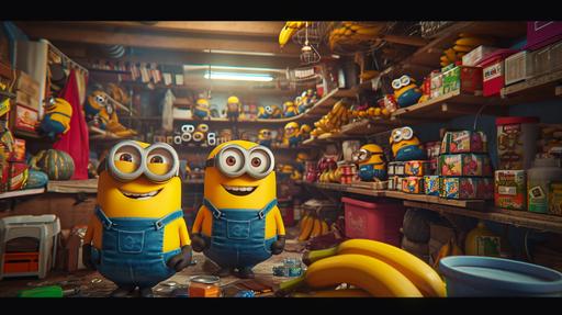the Minions with their collection having a garage sale, Minions are seated in a huge garage full of Minion merchendise accessories, toys, funny weapons, bananas, costumes, in the style of wimmelbild, grandeur of scale, knolling background with intricate details, photography, canon eos 5d mark iv, uhd image, half distant shot, depth of field, detailcore, garagesalecore, :wundervoll-ai:0, --ar 16:9 --v 6.0