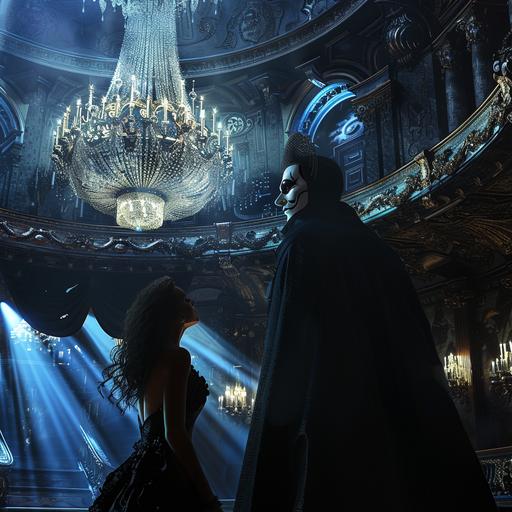 the Phantom of the opera, wearing a mask that obscures half of his face sings just beneath a gorgeous chandelier in the Paris opera as a terrified and beautiful young woman watches on, photorealistic, intricate details, dramatic, 4K, v 6